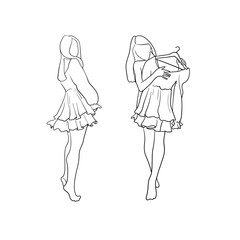Girl model trying on a dress in the style of line art. Dress on a hanger. Dressing room. Vector outline illustration