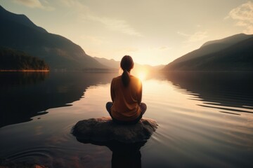 Woman lake meditation. Generate Ai