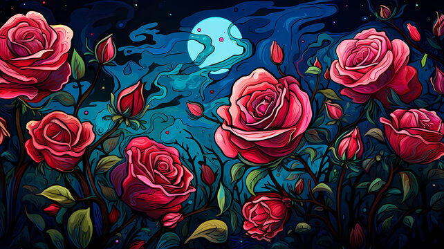 hand drawn cartoon beautiful illustration of roses in the flowers under the starry sky
