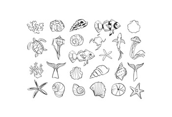 Hand drawn vector abstract minimalistic line art graphic drawing tropical underwater fish and seashells icon sign collection set isolated.Summer sea design concept.Tropical summer underwater logo set.