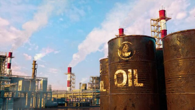 barrels of mineral oil on refinery plant industrial facility backdrop, fictitious - loop video