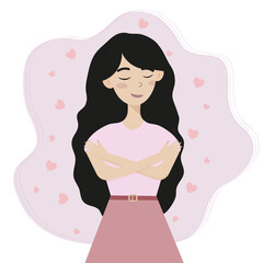 Girl in love. Happy woman hugging herself. Woman self. Positive lady