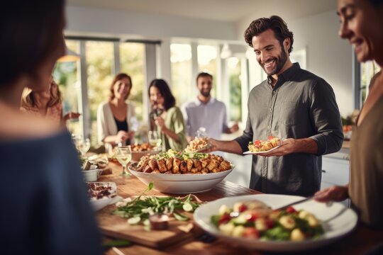 family gathering around a table. Created with generative AI technology.