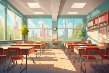 Cartoon classroom interior with view on the blackboard, school desks with chairs, bookcase, door, and window.
