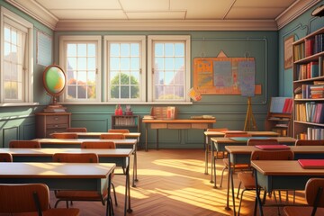 Cartoon classroom interior with view on the blackboard, school desks with chairs, bookcase, door, and window.