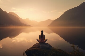 Woman lake meditation nature. Generate Ai