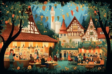 Traditional Bavarian Beer Garden in Vibrant Flat Illustration - obrazy, fototapety, plakaty
