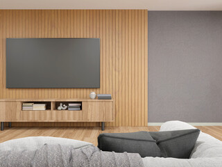 3D rendering of modern living room with TV screen on timber wall.