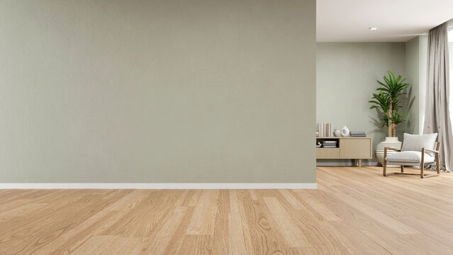 3d rendering of room with wooden floor and large empty concrete wall.
