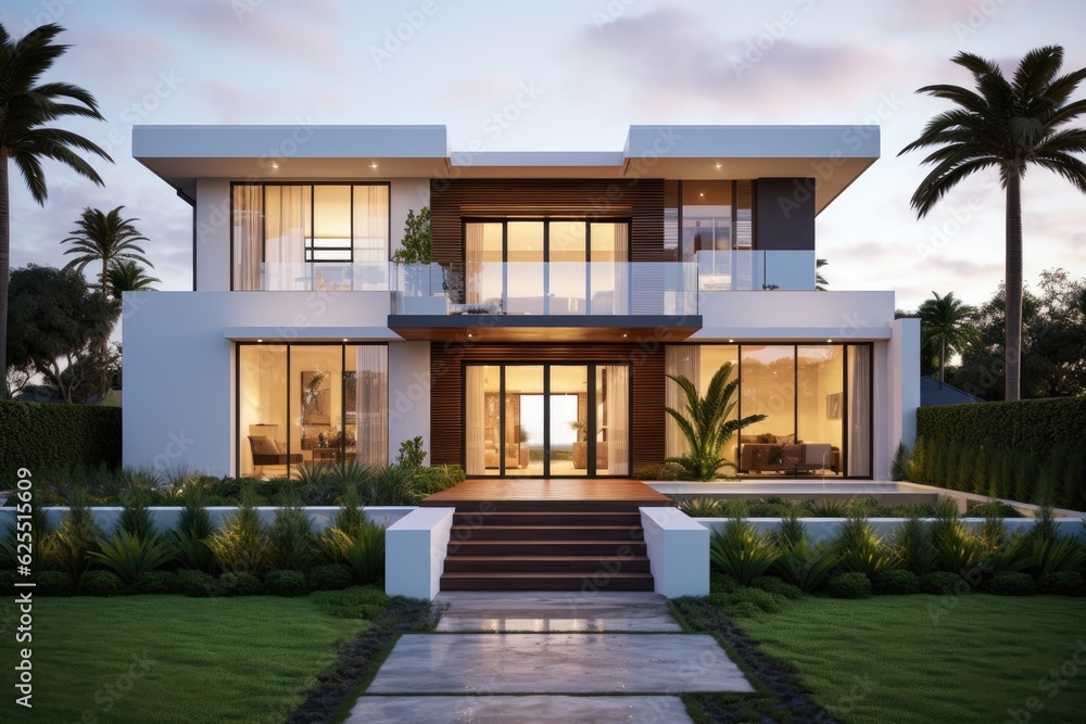 Poster the front view or outer appearance of a newly constructed two story residence that features a contem