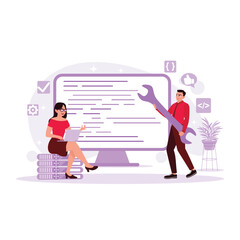 Programmers work seriously and develop technology and coding. Trend Modern vector flat illustration.