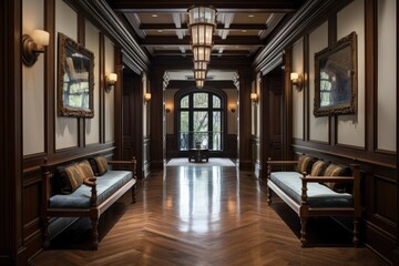 Obraz premium The upstairs hallway in an opulent residence boasts an intricate ceiling design, rich wooden flooring, a chic wooden bench, and sophisticated walls adorned with paneling.