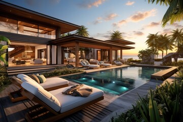 A stunning sight of a tropical villa boasting a garden, a swimming pool, and a spacious living room that is open to outdoor views while enjoying the breathtaking sunset. - obrazy, fototapety, plakaty