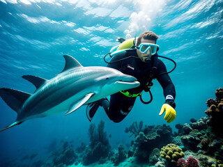 Generative AI. Diving, a diver  in the sea plays with  dolphin.