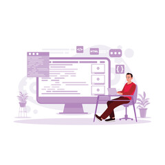 The man sits and works with a laptop, drawing a website development layout sketch. Trend Modern vector flat illustration.
