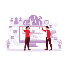 Two male developers design and develop the web with computers. Trend Modern vector flat illustration.