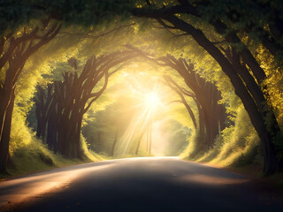 tree tunnel in the morning sun light. AI Generated.
