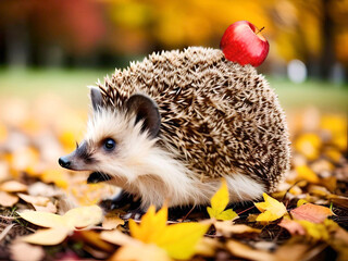 Generative AI. A small hedgehog carries one apple on needles