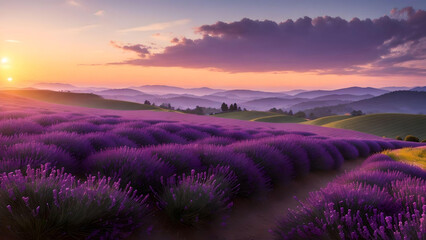 lavender field in sunset over blurred mountain landscape. AI Generated.