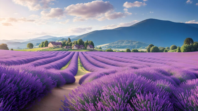 lavender field on day light over blurred mountain landscape. AI Generated.