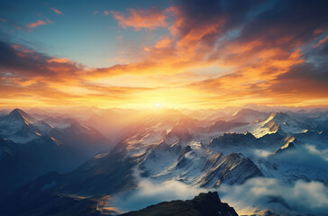 sunset in the snowy mountains peaks