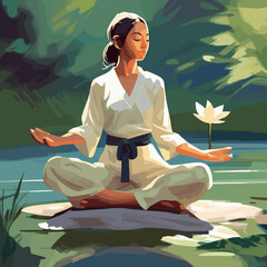 yoga tai chi woman meditating in the nature - obrazy, fototapety, plakaty