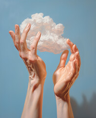 Cloud in woman hands on blue sky. Concept of natural care and freedom. Generative AI