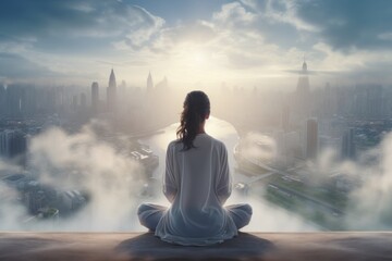 Serene woman meditating mid-air in a futuristic city, Generative AI