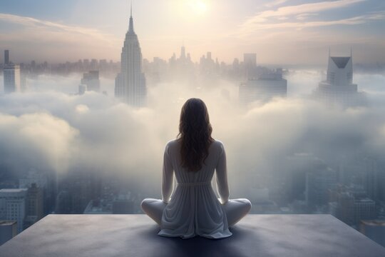 Serene woman meditating mid-air in a futuristic city, Generative AI