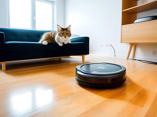 Generative AI.   Cleaning the floor with a robot vacuum cleaner.