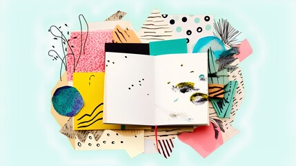 Art style collage featuring the concept of journaling. The therapeutic process of expressing thoughts and emotions on paper, providing a window into self-reflection and mindfulness. Generative AI