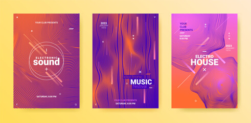 Electro Music Flyers Set. Techno Party Poster. Gradient Wave