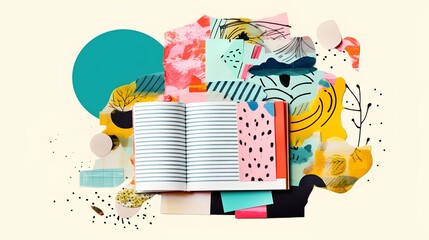 Art style collage featuring the concept of journaling. The therapeutic process of expressing thoughts and emotions on paper, providing a window into self-reflection and mindfulness. Generative AI - obrazy, fototapety, plakaty