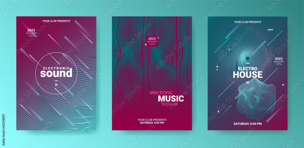 Wall mural geometric dj flyer set. electro sound poster. techno party cover.