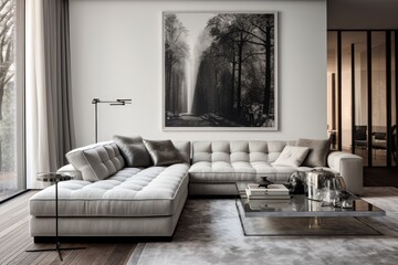Contemporary living space adorned with a stylish gray sofa.