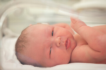 A newborn baby lies in a special medical box.