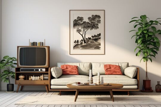 The retro living room has a beige sofa placed against a white wall, adorned with posters and topped with a black lamp. An antique television is positioned beneath the lamp.