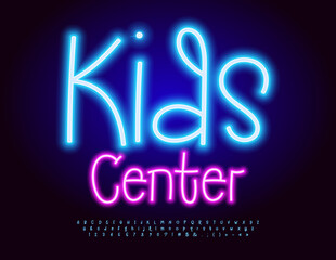 Vector funny Sign Kids Center with Neon Font. Blue Glowing set of Alphabet Letters, Numbers and Symbols