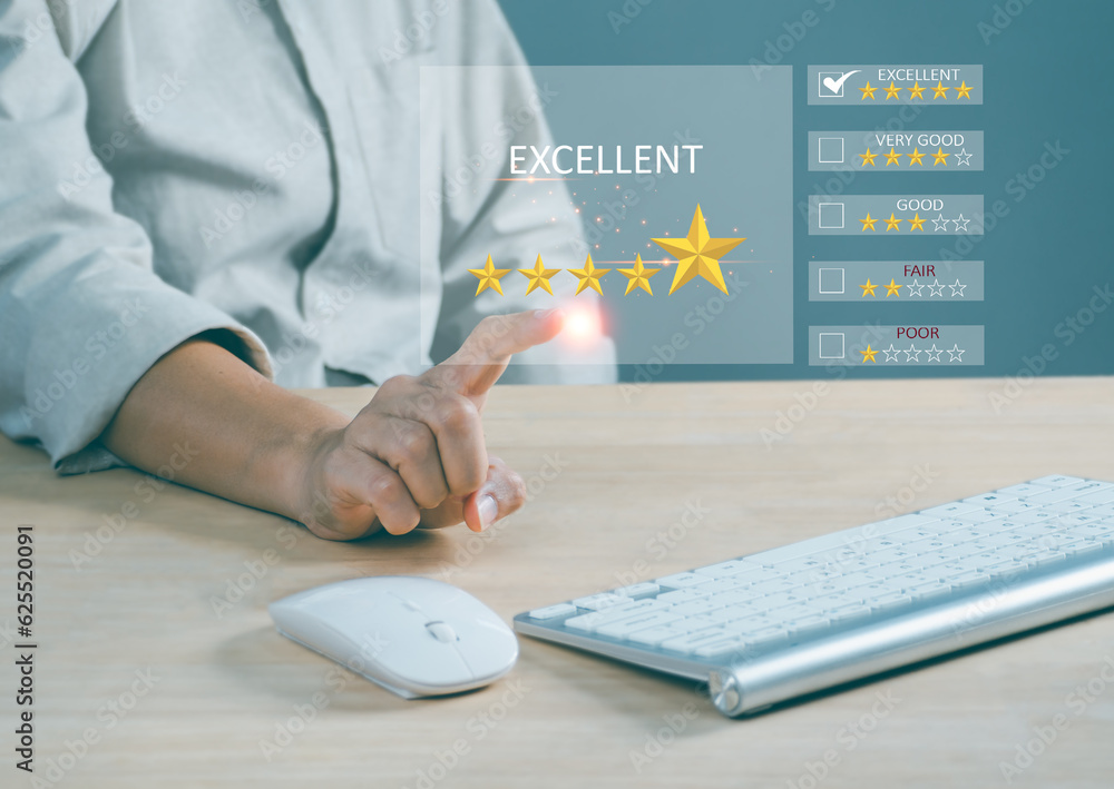 Poster businessperson using laptop computer to give golden five stars for client the best satisfaction eval