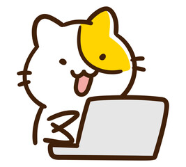 必死でキーボードを叩くをするかわいいねこのキャラクターの手書きイラスト