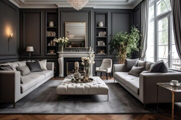Stunning living room interior adorned with a cozy gray sofa.