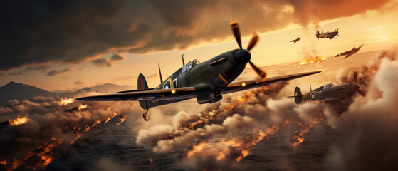WW2 fighter plane flying through the air - obrazy, fototapety, plakaty