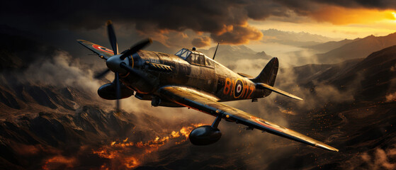 WW2 fighter plane flying through the air