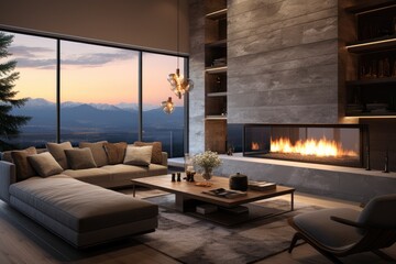 A beautiful, sophisticated living room adorned with a fireplace, television, coffee table, and comfortable couch, offering a stunning panoramic view.