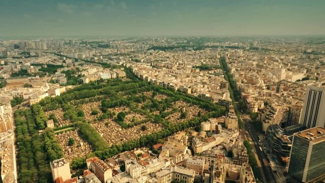 The cityscape of Paris involving the Montparnasse Cemetery, view from above
