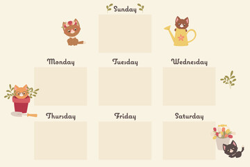 Weekly planner with cute cartoon kittens. Weekly calendar. Kids friendly stationery. Vector art.