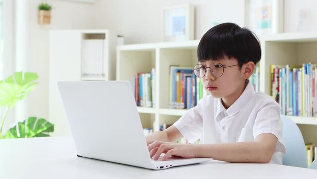 Child doing school internet online video lesson on laptop at home and boy concentrating on study and computer online chat conversation concept
