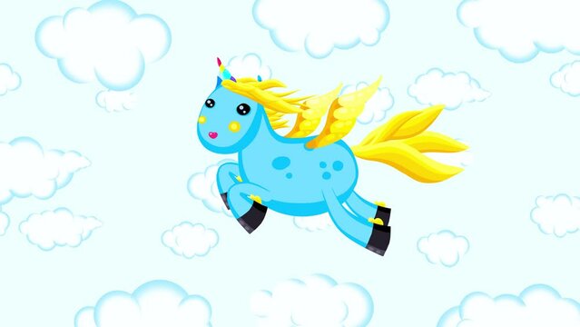 Blue yellow cartoon single unicorn flying on light clouds sky background. Cute valentine's day animation good as backdrop for intro, party, television programme, presentation, etc... Seamless loop.
