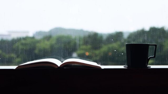 Rain falling on the window, flowing raindrops, relaxing rain sound ASMR, cozy cafes with books and hot coffee, and relaxing in the library
