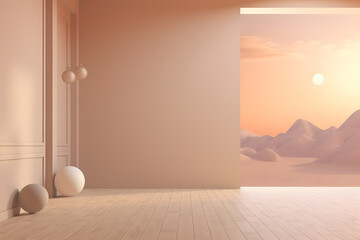 3d rendering of a pastel beige wall background, sunset lighting. Generative AI